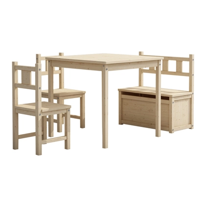 Cheap Pine Kid Chairs and Table with Storage Bench